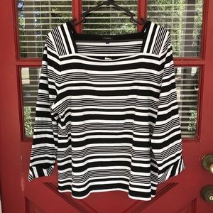 Talbots Black White Striped 3/4 Sleeve 100% Cotton Square Neck Top Size XL New